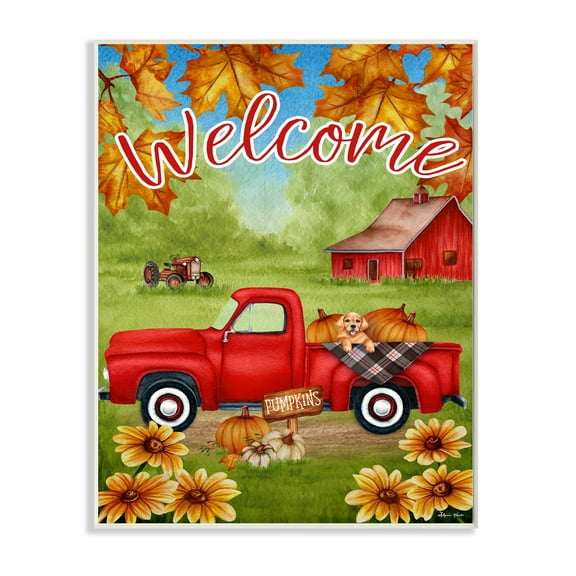 Welcome Red Farm Truck Autumn Leaves Design 13 in x 19 in Framed Painting Art Prints, by Stupell Home Décor