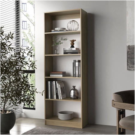 71" Natural Oak & White 5-Shelf Open Bookcase, Modern Storage Cabinet for Living Room, Office