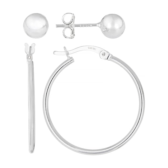 JTV Sterling Silver Polished 5.8mm Ball Stud & 1.5mm Polished Hoop Earrings Set of 2