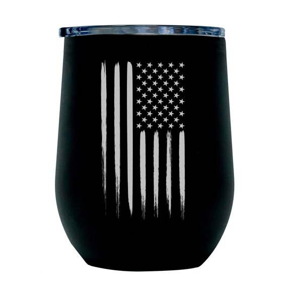 Outdoor American Flag Vacuum Insulated Wine Tumbler with Lid, Stainless Steel Glass 12oz - Double Wall Stemless Metal Cup – Matte Black Colored with Laser Engraved USA Flag