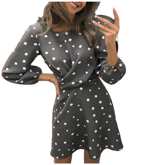 Fesfesfes Women Gowns O-Neck Long Sleeve Polka-dot Waist Formal Dress Evening Dress Clothes Sale