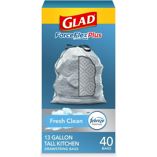 Glad ForceFlexPlus Tall Kitchen Trash Bags, 13 Gallon, 40 Bags (Fresh