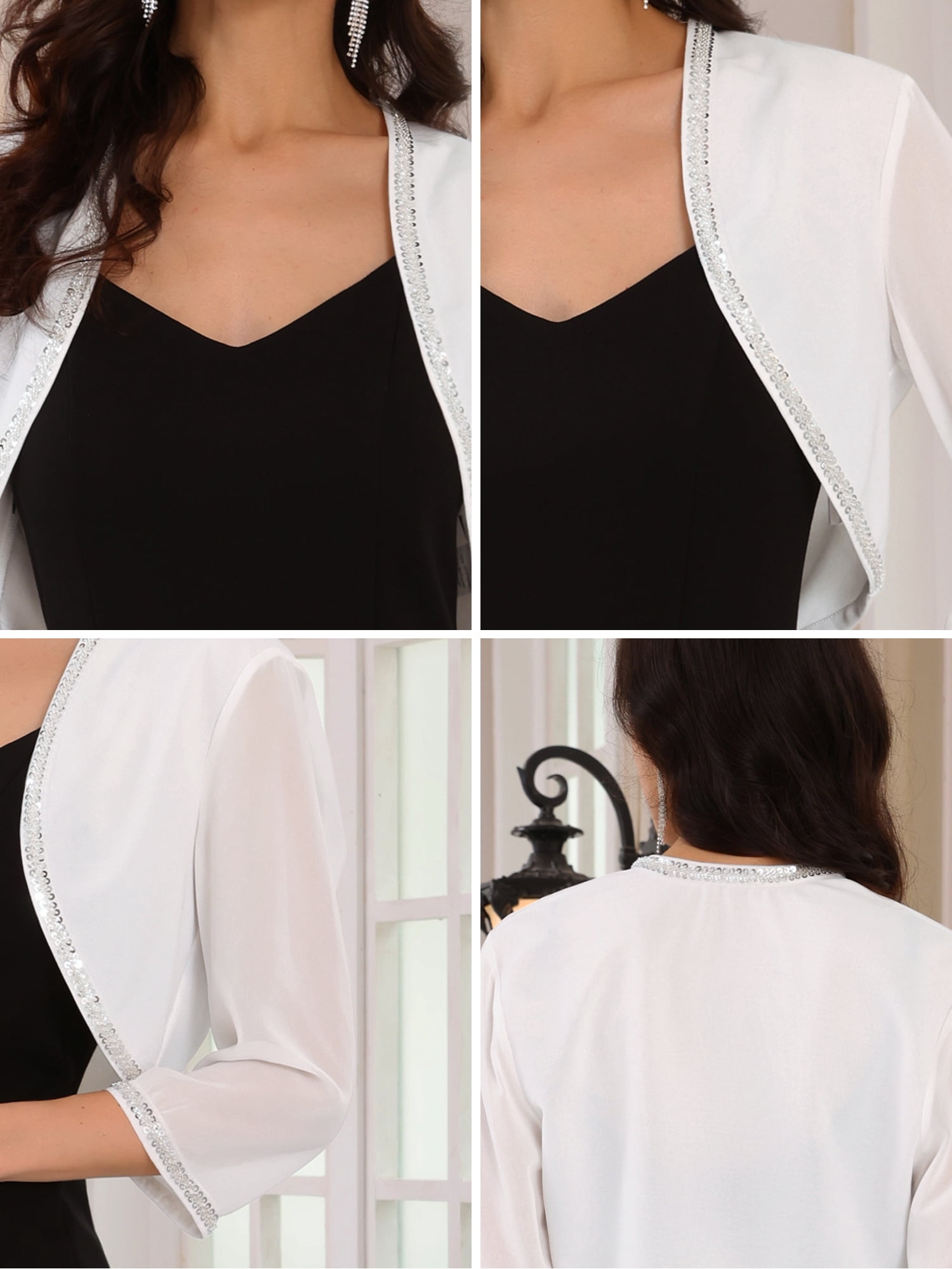 DARING DIVA Women's Sequin Beaded Open Front Evening Shrug 2XL White