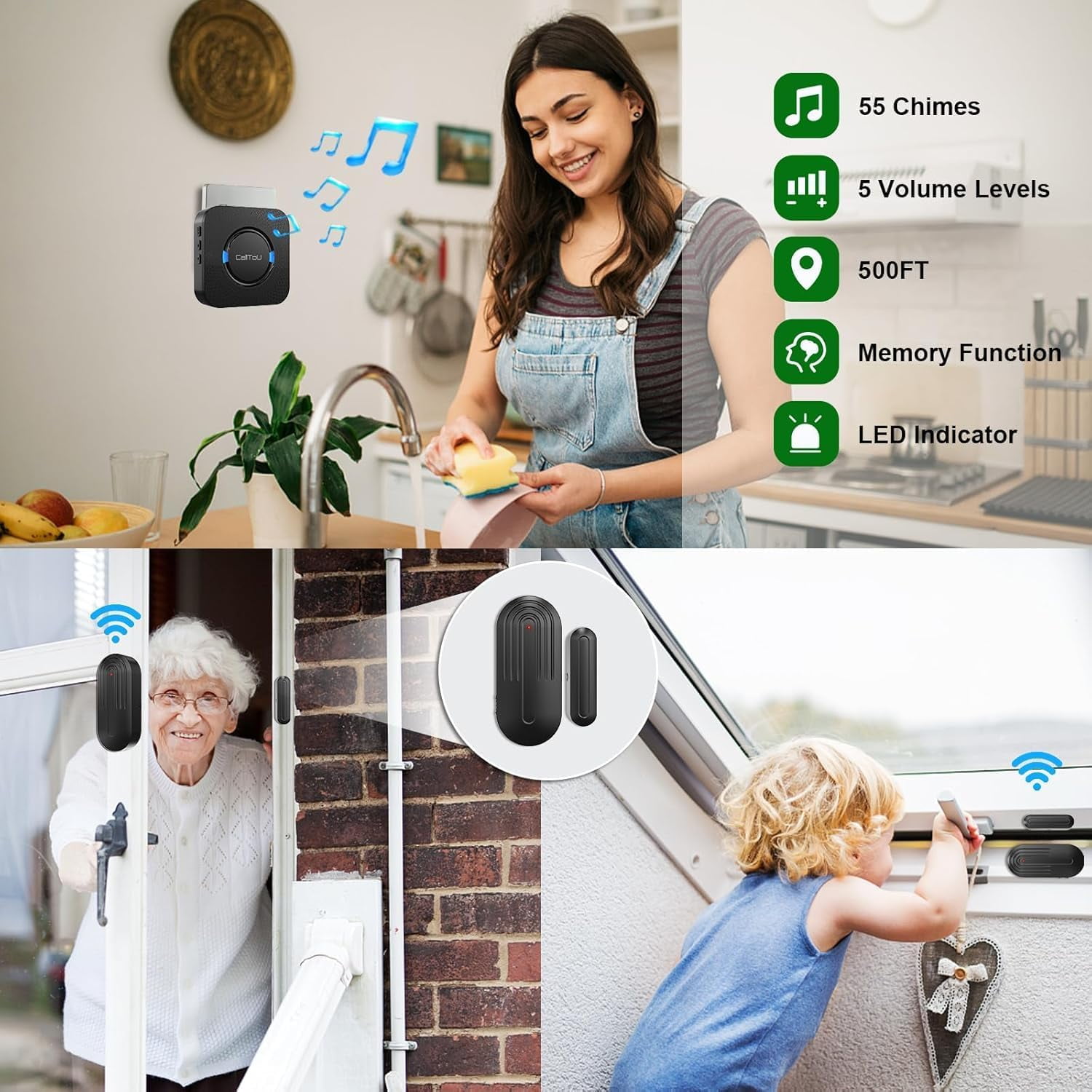 CallTou Wireless Door Sensor Alarm Wander Alert for Dementia Elderly Patient Alzheimer Door Open Chime Monitoring for Caregiver Home Care