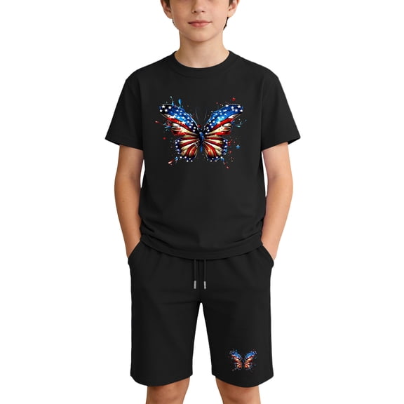 Edvintorg Girls' Clothing Sets 4Th Of July Cotton Lightweight Short Sleeve Crew Neck Athletic Shirt and Short Size 4-14