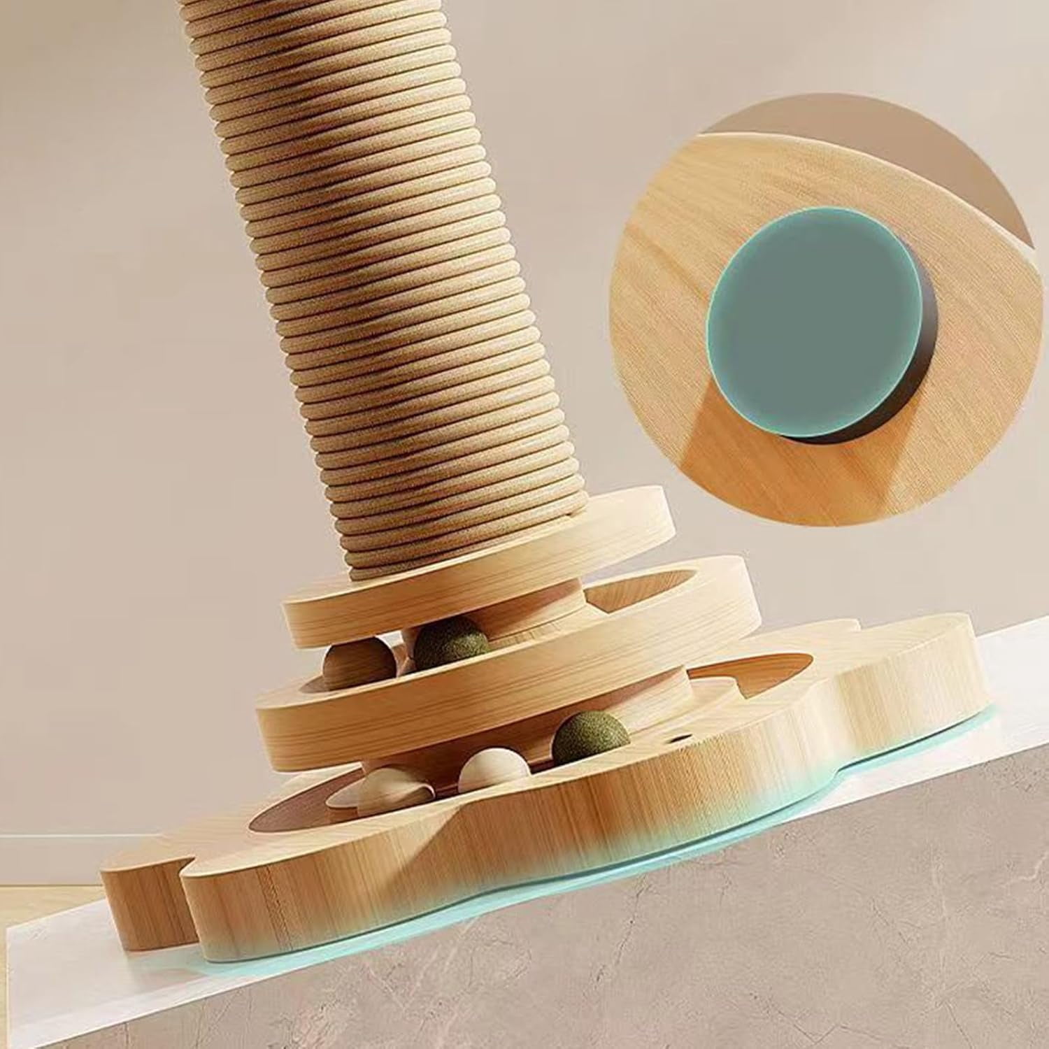 Cat Scratching Post, 4 in 1 Wooden Cat Scratcher Toy, 15.75" Tall Scratch Post with 2 Level Cat Track Balls, Interactive Cat Feather Toy and 2 Sisal Hanging Balls for Indoor Kittens