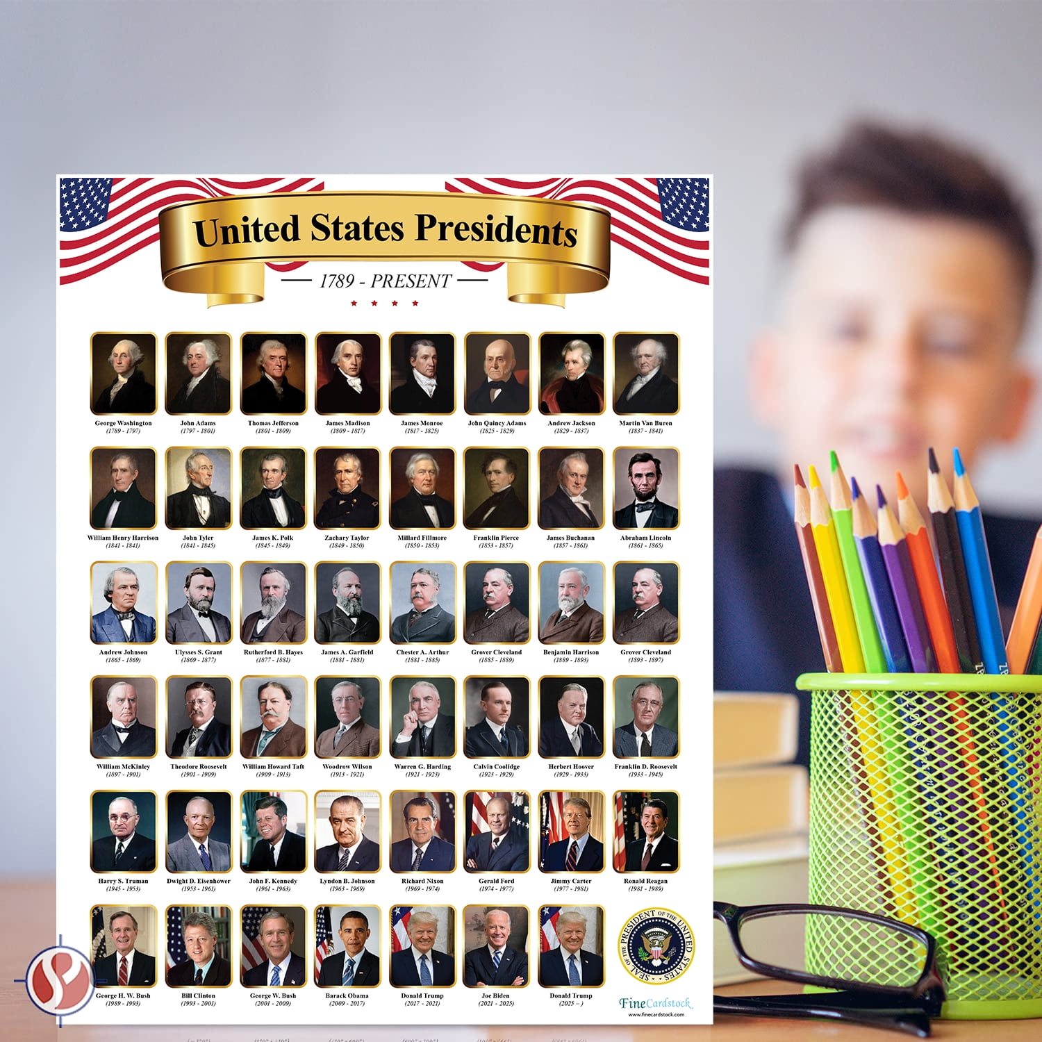Presidents of The United States Educational Chart – Great Learning Tool for Kids | Perfect for Home, School and Office Use | 80lb Cardstock (216gsm) | 8.5 x 11” | 10 per Pack