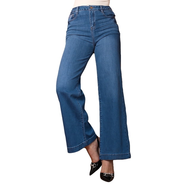 Jeans Mujer Wide Leg Tiro Alto Stretch Azul Medio