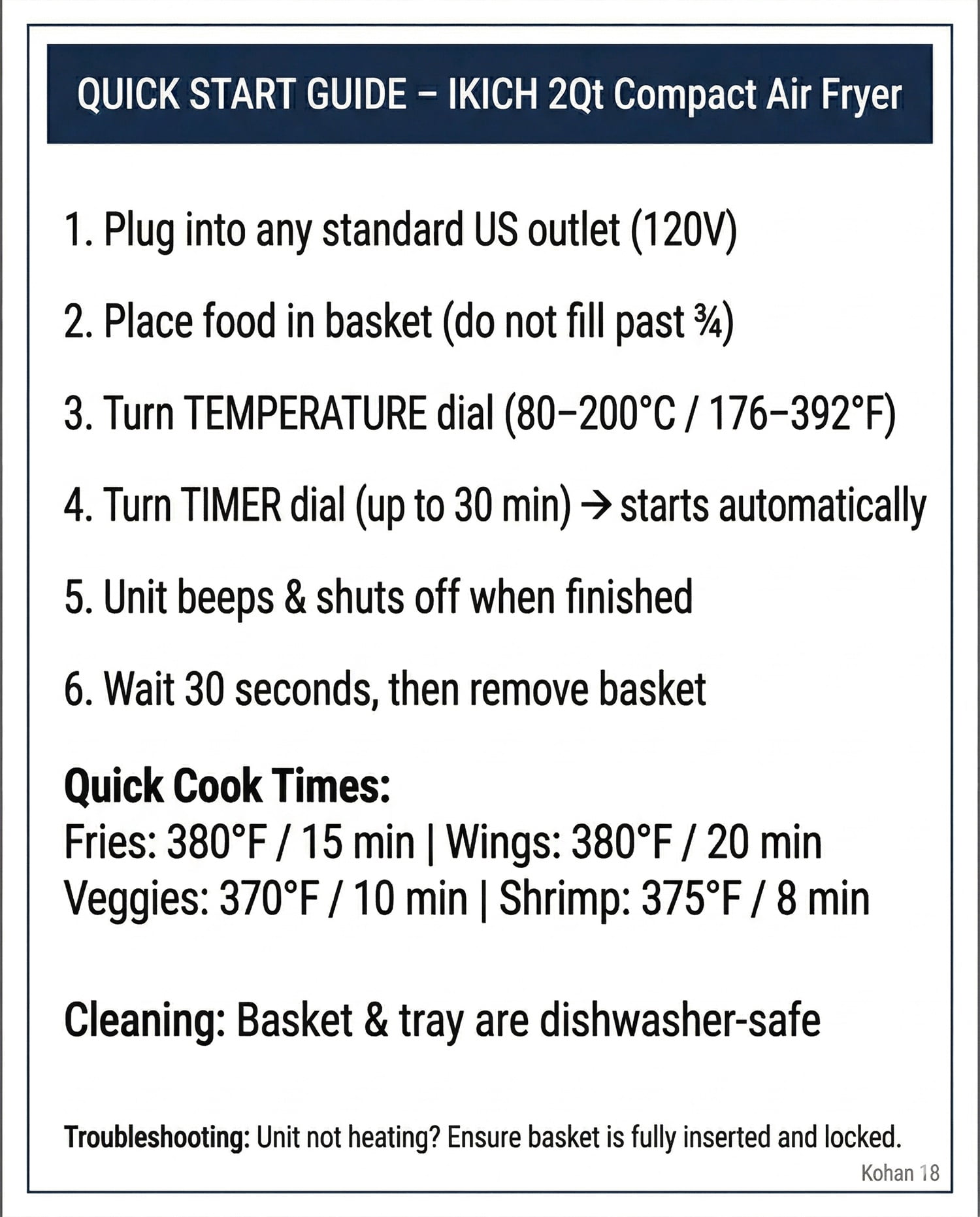 Ikich 2 Quart Air Fryer, White - Non-Stick, Oil-Free Healthy Cooking