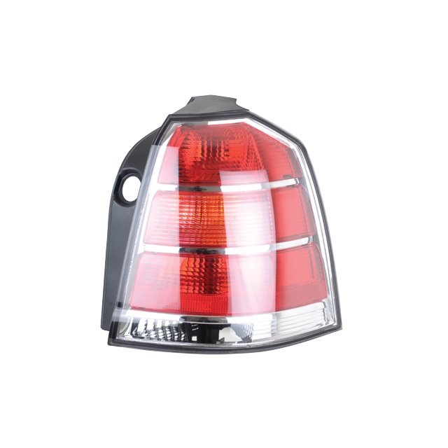 calavera zafira 2006 al 2007 chevrolet derecha/pasajero depo calavera trasera derecha DEPO para Zafira 2006-2007, vista 3/4 frontal con lentes rojos y sección inferior clara separadas por bandas horizontales, carcasa negra y conector lateral visible, 1 pieza, producto nuevo.