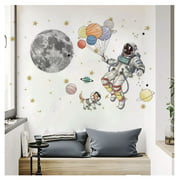 Space Astronaut Man Wall Sticker Gold Moon Star Wall Decals for Kids Boy Baby Nursery Wall Decor Cute Mural Removable Wall Door Fridge Cabinet Furniture Car Decal (Set of 2 Variants)