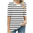 thumbnail image 7 of AKOEE Womens Striped T-Shirts Half Sleeve Crew Neck Base Tees Pleated Front Trendy Tops Summer Tshirts (XL, White), 7 of 7