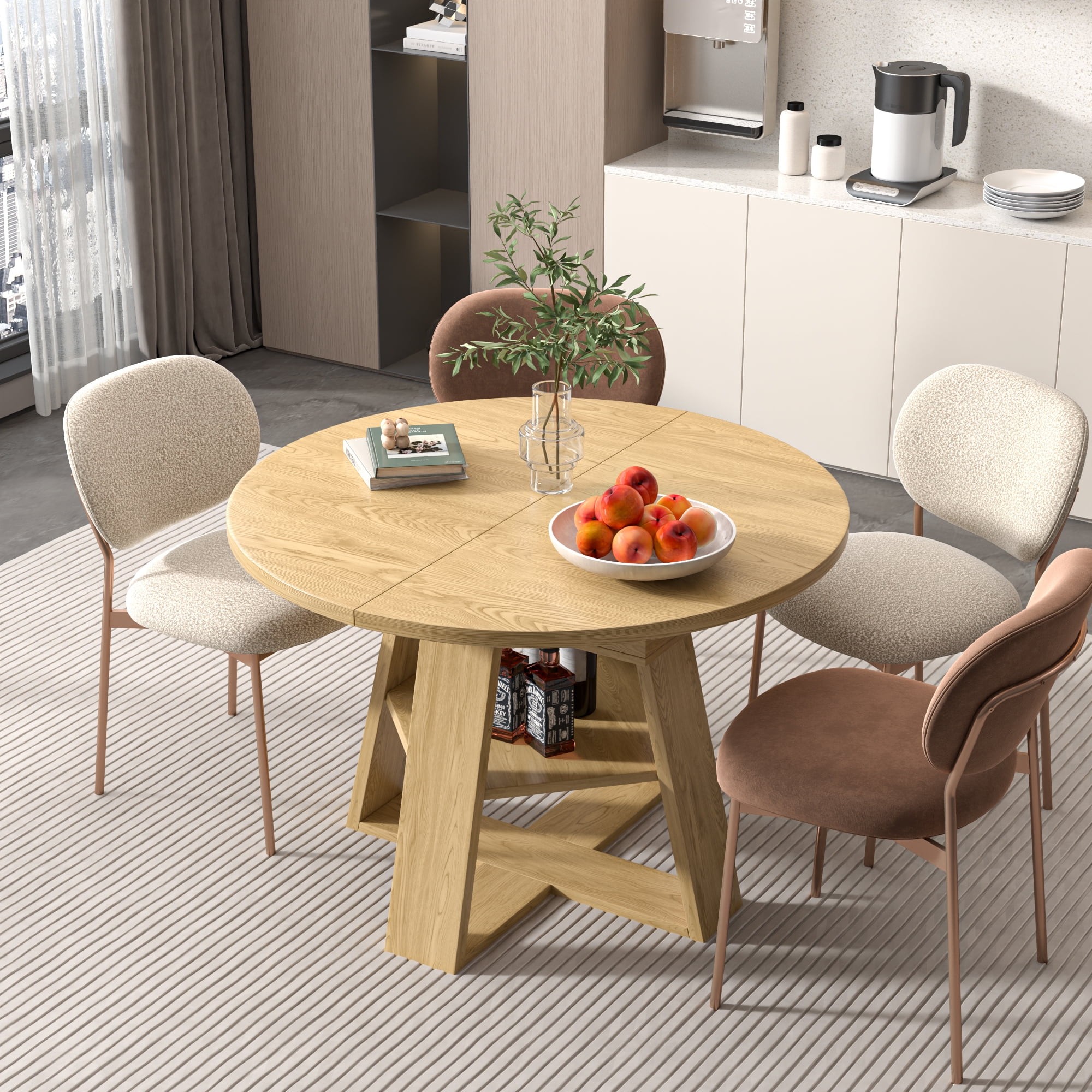 Round Dining Table Modern Extendable Dining Table with Removable Leaves for Kitchen