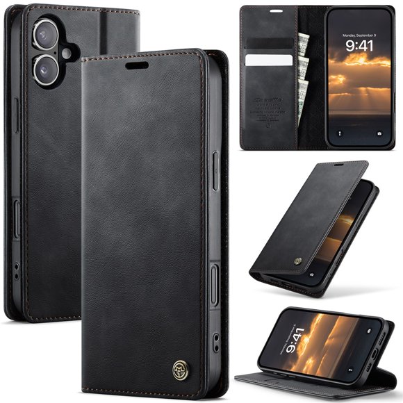 CaseMe Calf Leather Lining Microfibre Wallet Case For iPhone 17 6.3-inch with RFID Blocking,Magnetic Closure,Card Slots,Cash Slot,Kickstand,Shockproof Flip Folio Protective Phone Case,Black