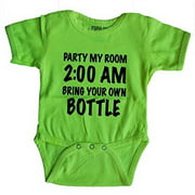 Funny Baby Bodysuit Coverall with Snaps for Newborn, Infant and Toddler 6M, 12M, 18M Humor Prints 0-6M, Party My Room 2:AM Bring Green