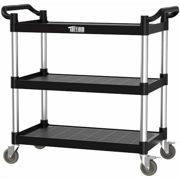3-Tier Commercial Utility Cart with Wheels, Heavy Duty Rolling Plastic Service Cart, 450 lbs Capacity for Foodservice, Restaurant, Cleaning, Workplace, 42.1'' x 20.1'' x 38.2''