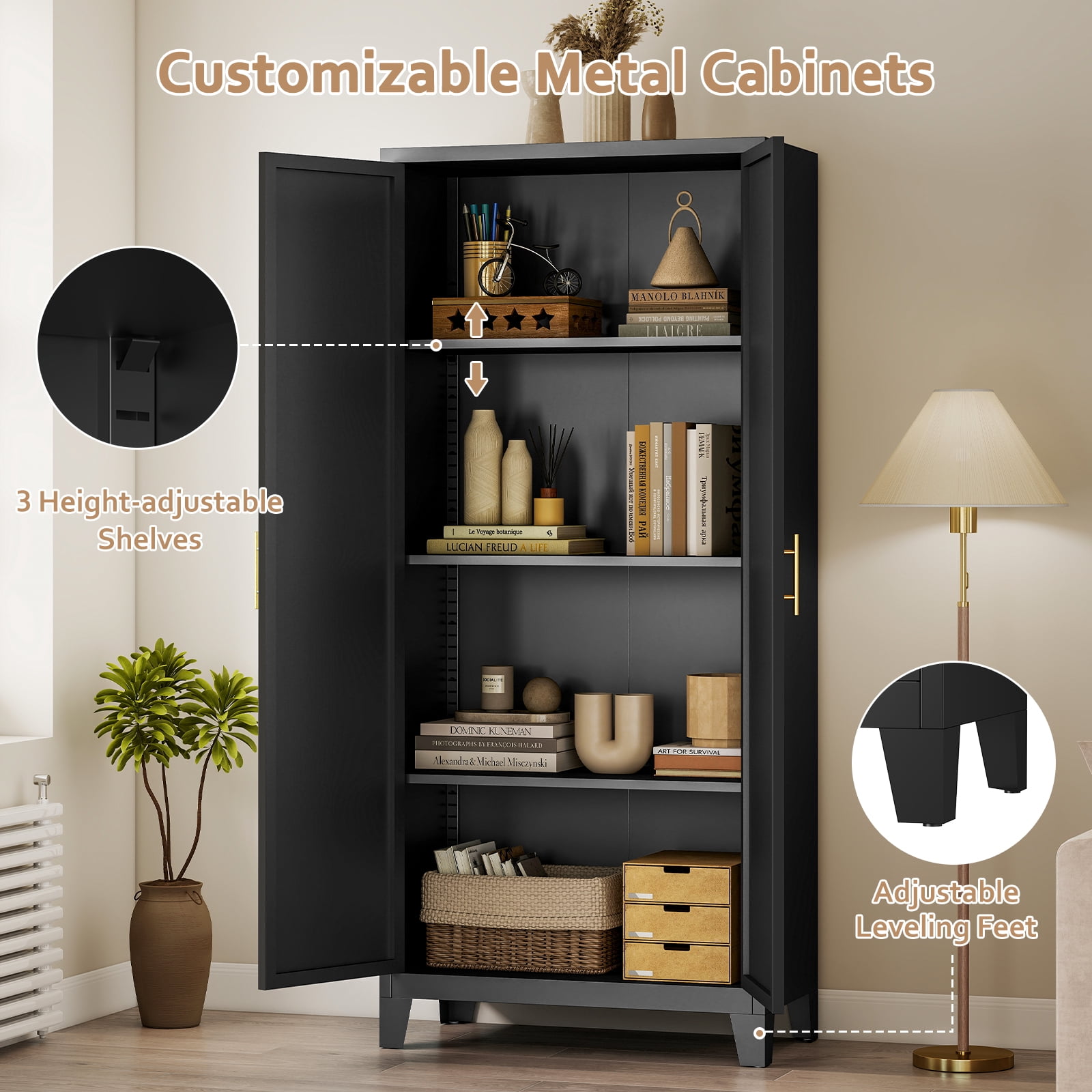 LIZEVINC 61.2in Pantry Cabinet, Metal Shapely Doors Cabinet with Doors and Adjustable Shelves, Food Pantry Cabinet for Kitchen,Dinning Room- Assembly Required(Black)
