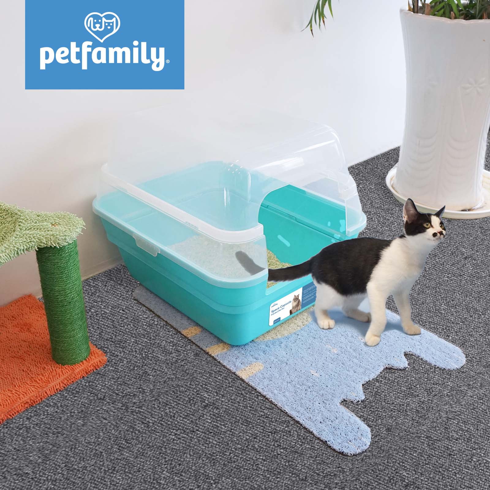 Petfamily Extra Large Cat Litter Box, Color Teal, Jumbo Hooded, 21.50 x 17.90 x 17.25 in