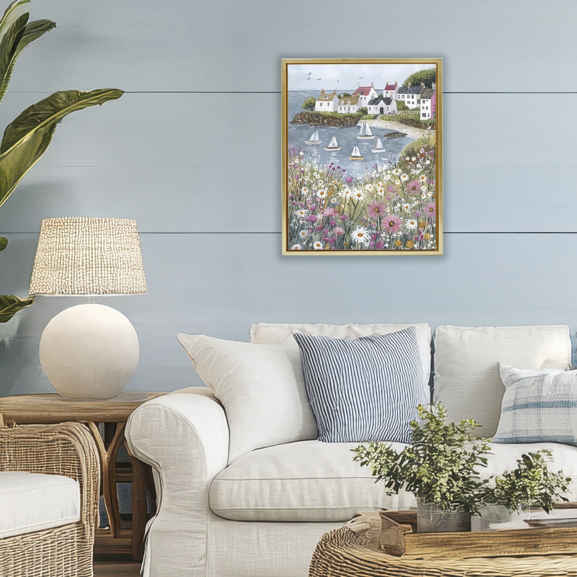 Stupell Industries Seaside Sailboats in Village Bay Gold Framed Floater Canvas Wall Art, design by Riley B
