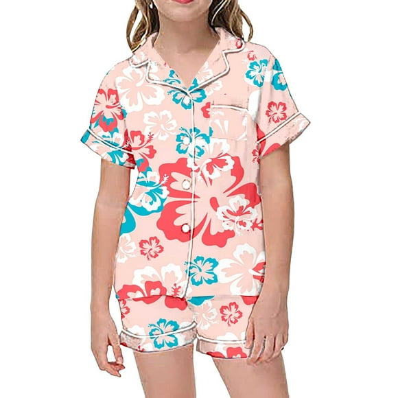 Teen Satin Pajamas for Girls Flower Pajamas Kids Button Down Pajamas Set Pjs Sleepwear Outfits Christmas Pjs Girls 12-13 Years Kids Clothes