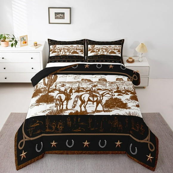 Erosebridal Western Cowboy Comforter Sets,Botanical Cactus Comforters & Duvets,Horseshoe Texas Stars Bedding Comforter Set,Ultra Soft Vintage Room Decor,Reversible,2pcs
