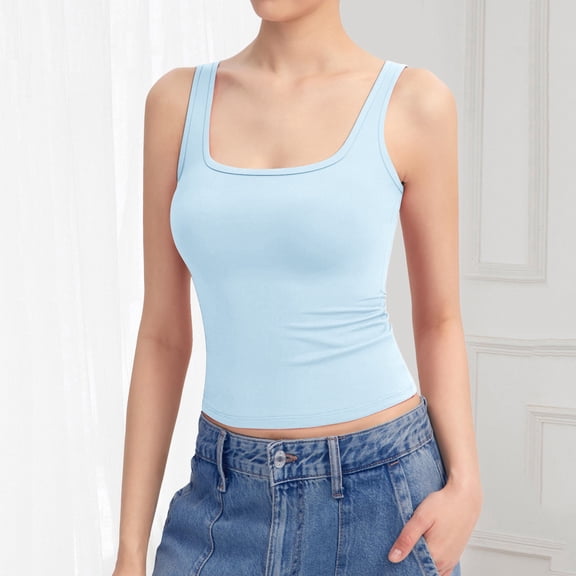 Women's Square Neck Tank Top Sleeveless Double Lined Basic Tops, S, Light Blue