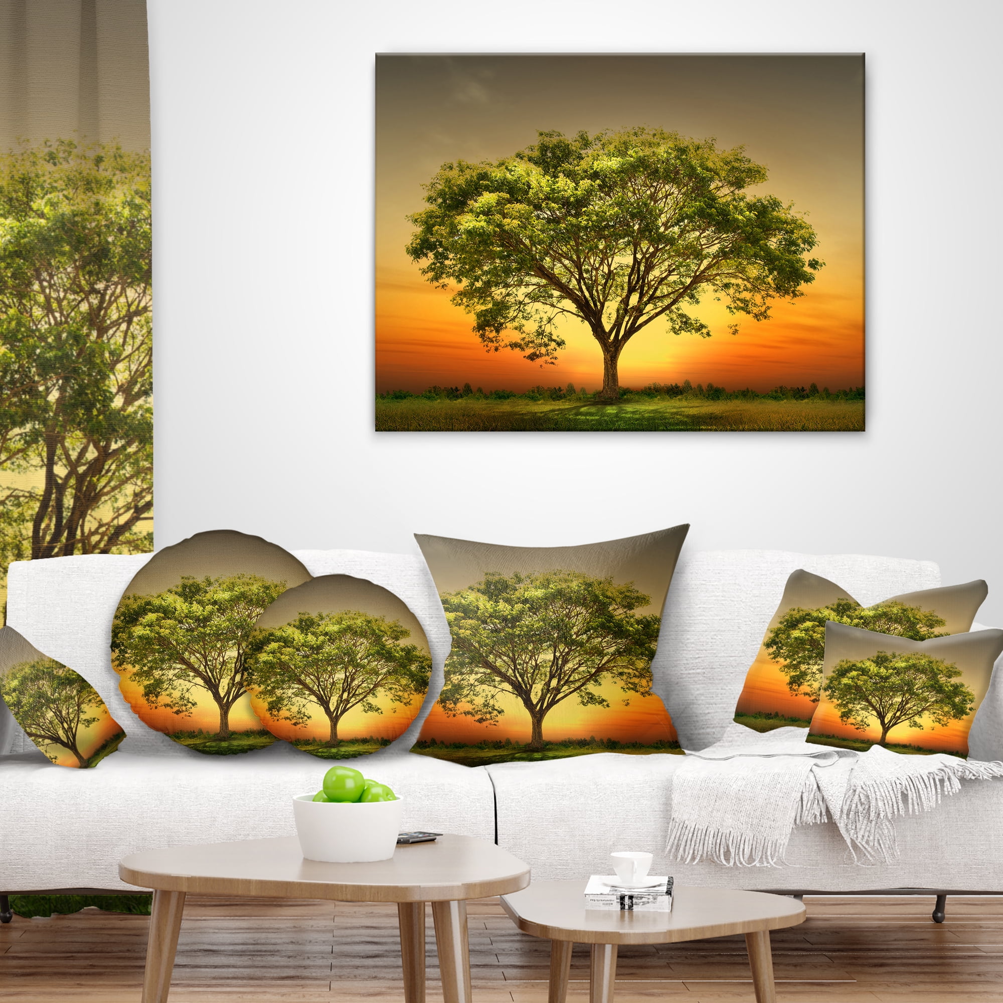 Designart Green Tree against Setting Sun - Trees Throw Pillow - 16x16