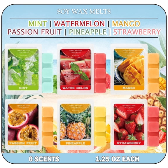 SCENTORINI Scented Wax Melts, Summer Soy Wax Cubes for Warmer - Mint, Watermelon, Strawberry, Mango, Passion Fruit, Pineapple