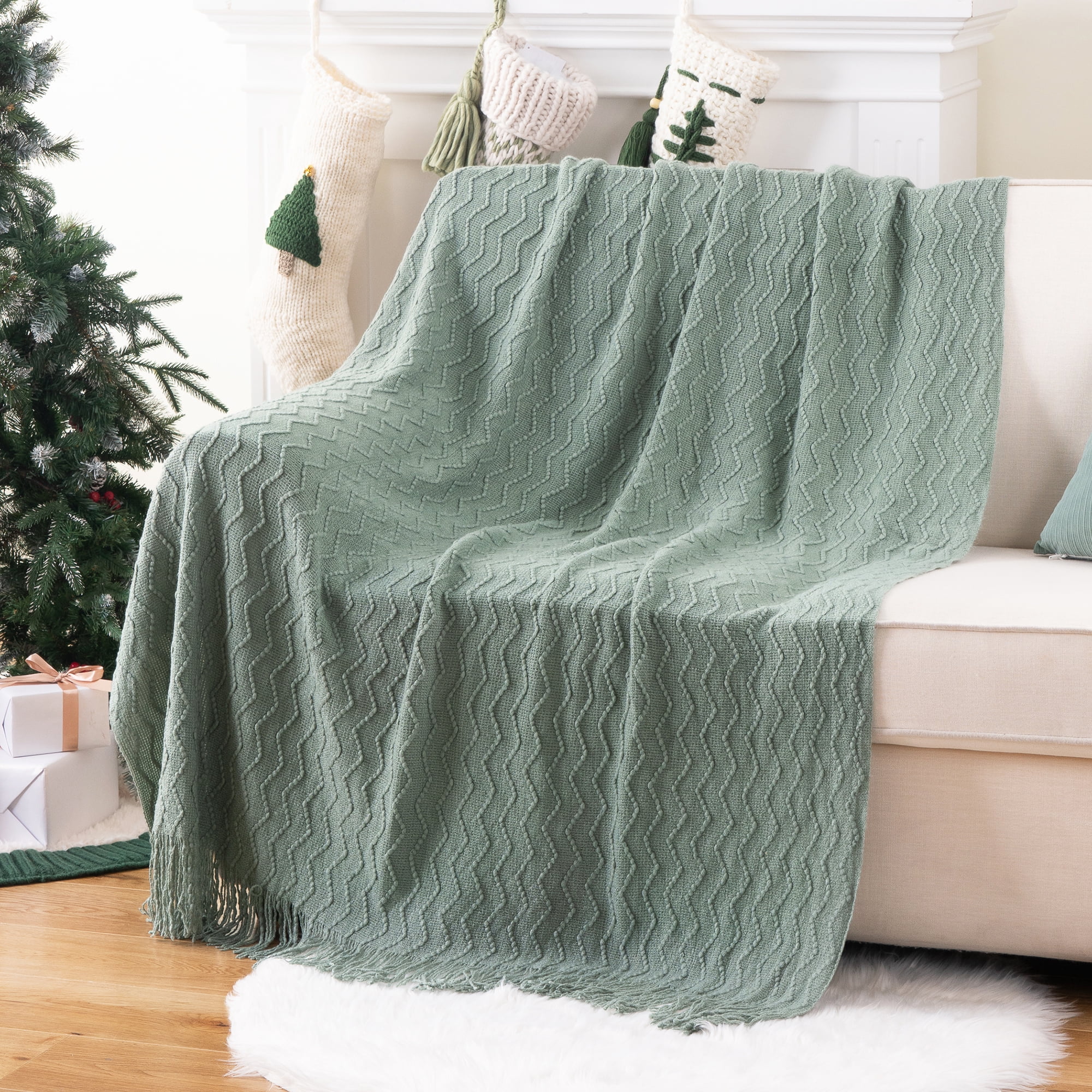 Battilo Sage Green Throw Blanket for Couch,Knitted Boho Sage Throws,Green Blanket for Spring,50"x60"