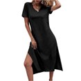 thumbnail image 2 of Solid Color Women V Neck Short Sleeved Casual Side Slit Dress, 2 of 4