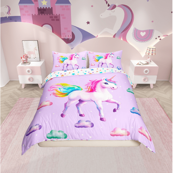 Erosebridal Purple Unicorn Comforter Cover Twin,Kawaii Animal Bedding Twin Size,Polka Dots Duvet Cover Twin,Breathable Cartoon Bedroom Decorative,Reversible,2-Piece(No Comforter)