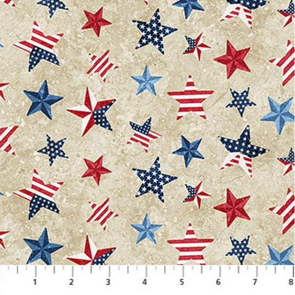 Cotton Multi Star Beige USA America Patriotic Stars and Stripes 10th Anniversary Northcott Cotton Fabric Print by the Yard (24288-12)