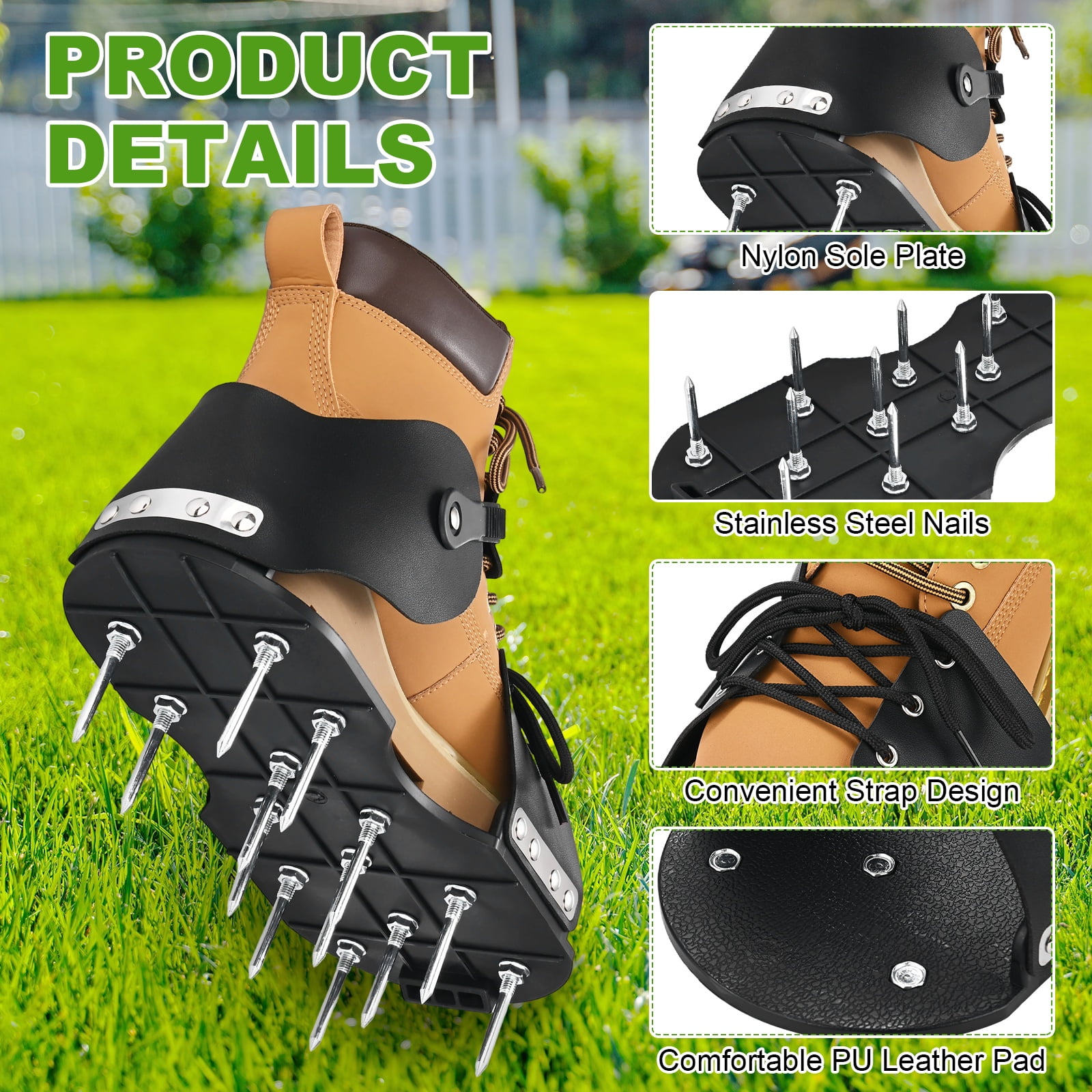 Uxcell 1-Set Lawn Aerator Shoes with Hook and Adaptable Straps with 26 Nails for Gardens [Black]