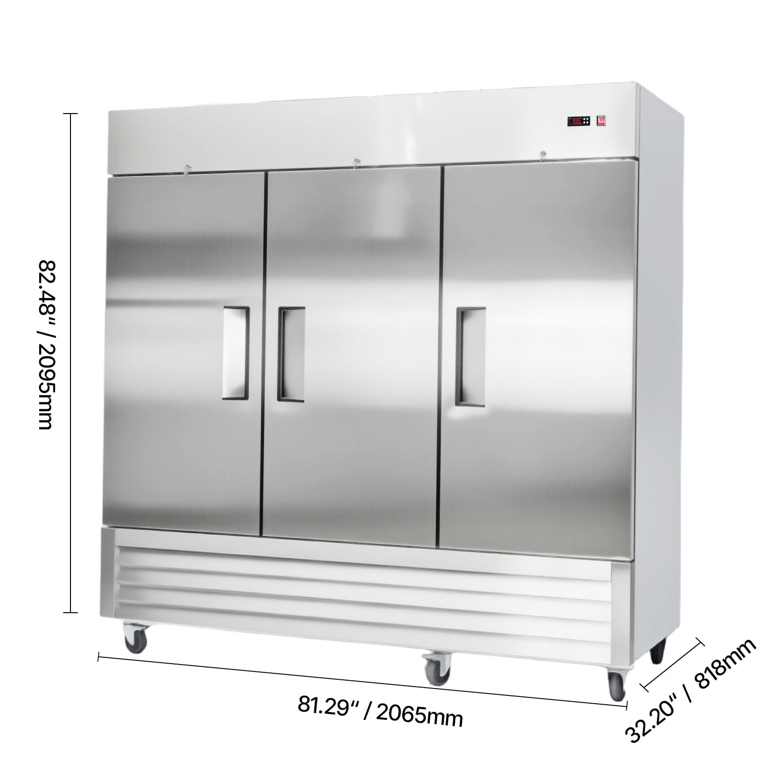 KFFKFF Commercial Stainless Steel Upright Freezer, 85" Wide, 69 Cu.Ft Capacity with Three Doors, Auto-Defrost, 12 Adjustable Shelves, -11 to 14℉ Temperature Range, ETL Certified