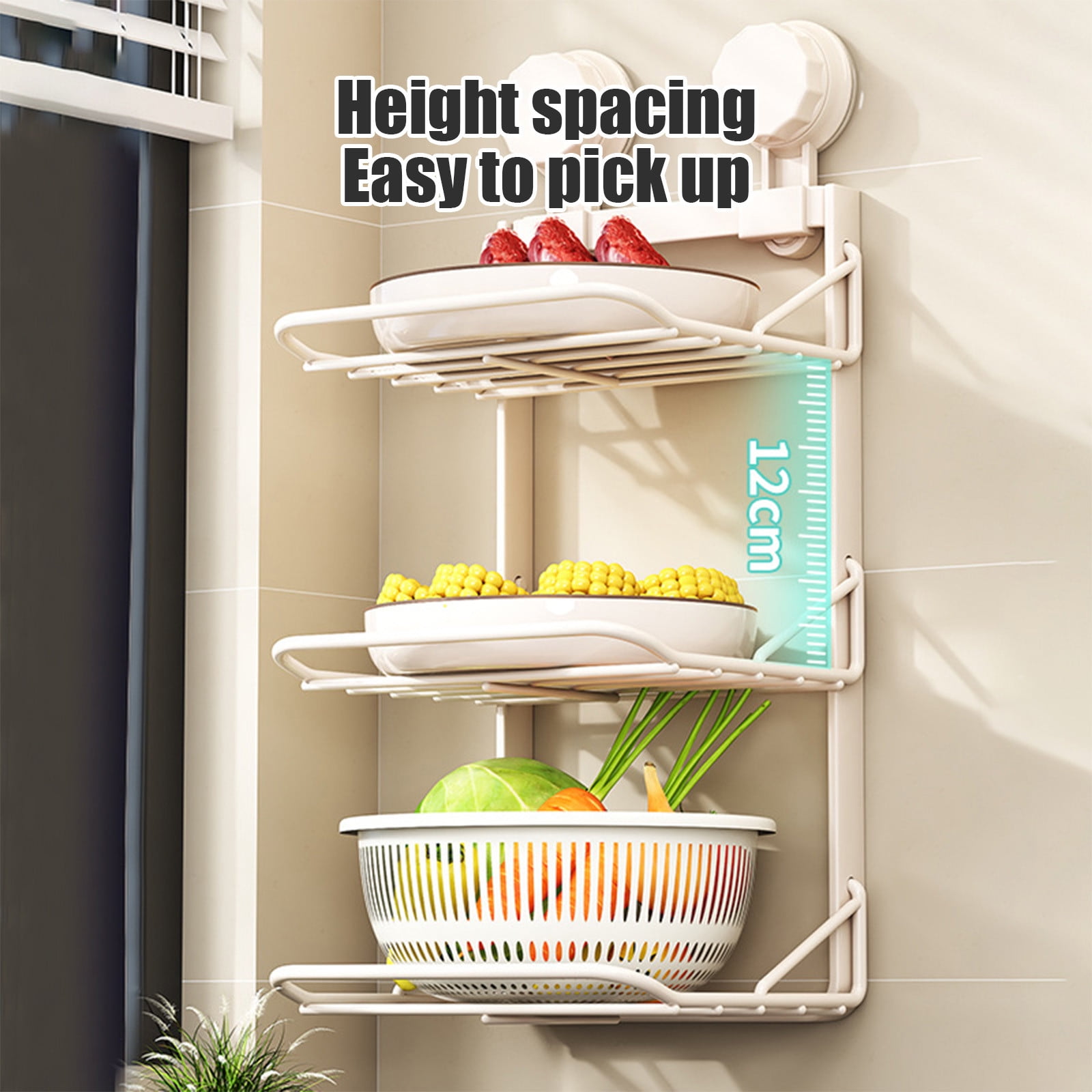 Multi-Layer Kitchen Suction Cup Storage Rack, Wall Mounted Stainless Steel Shelves for Vegetable Utensils, No Holes Required, Home Storage Organizer for Kitchen and Bathroom