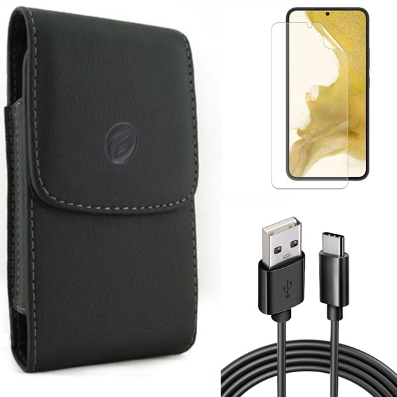 6ft USB Cable & Matte Screen Protector & Case Belt Clip for Samsung Galaxy S22 (6.1") - Type-C Charger Cord & TPU Film Anti-Glare & Leather Holster Accessory Bundle