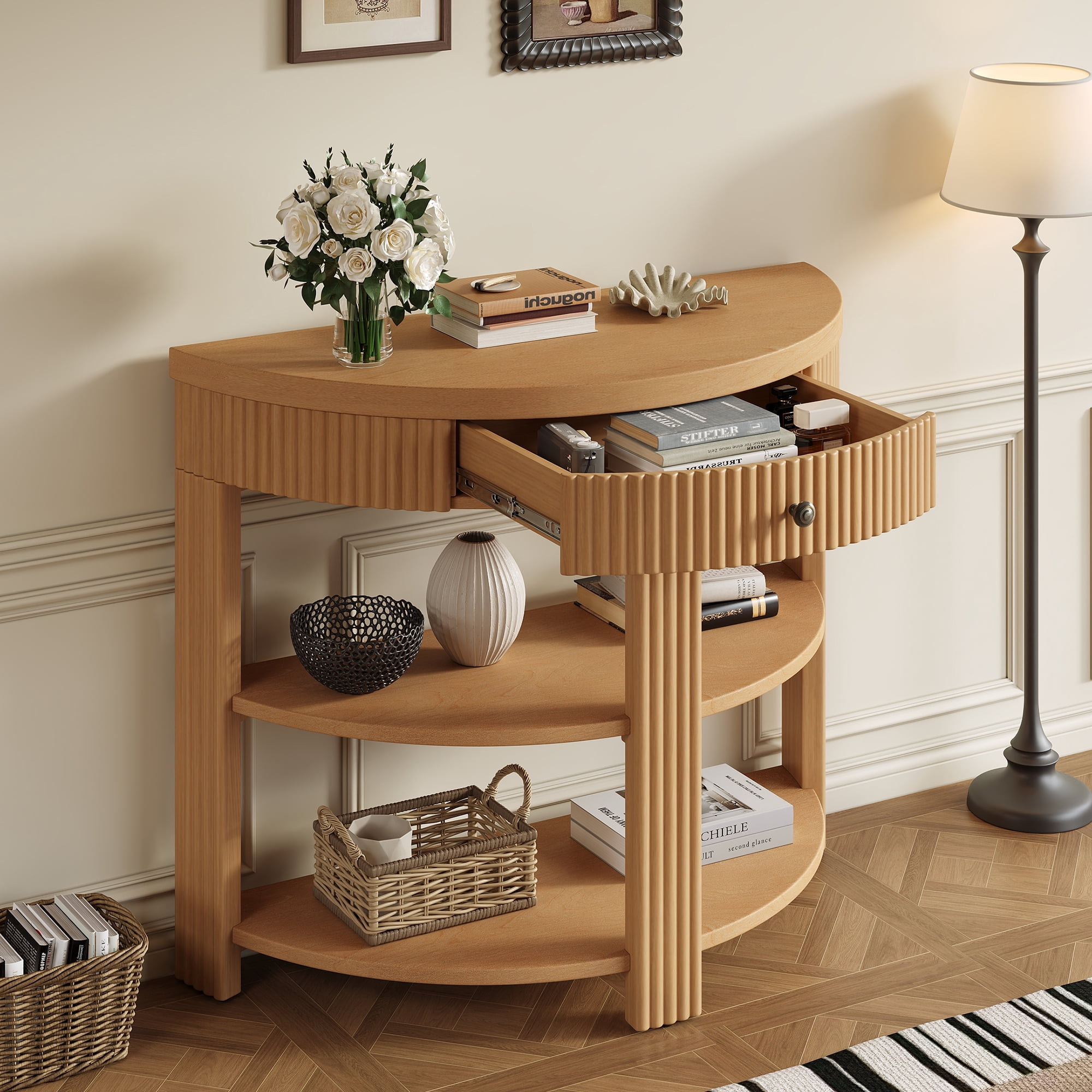 Euroco Half Moon Console Table with 1-Drawer, Fluted Entryway Table with 2 Open Storage Shelves,3-Tier Sofa Table for Living Room, Hallway, Foyer,Natural