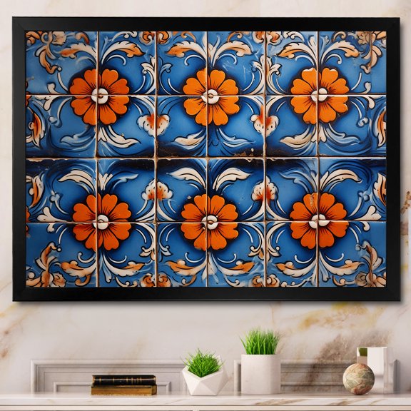 Designart "Mosaic of Floral Bohemian Blue and Orange Tiles III" Geometric Framed Wall Art Decor - Bohemian Blue Boho Mosaic Bedroom Framed Canvas Wall Art