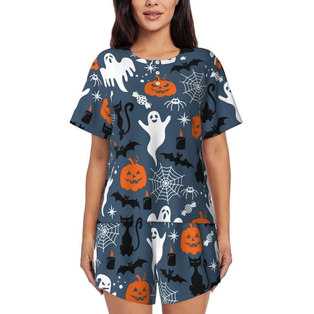 Fotbe Halloween Conjunto de Pijama Estampado para Mujer, 2 Piezas, Ropa de Dormir con Camiseta de Manga Corta y Shorts Suaves-Large