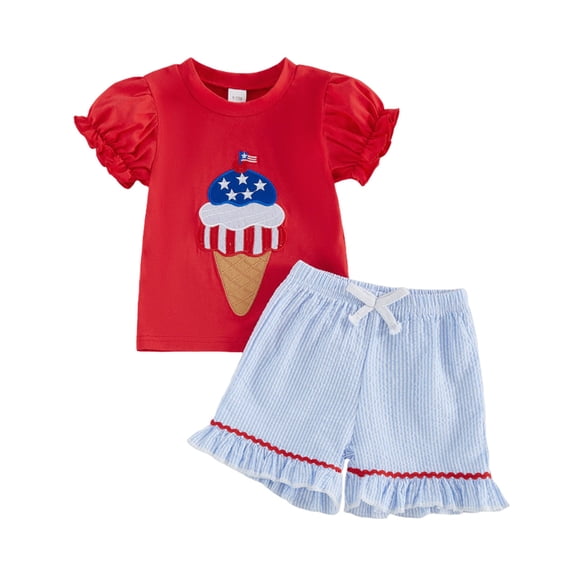 Povozer 4th Of July Outfits Toddler Girl America 250 Baby Girl Comfortable Breathable Set Independence Day Cute Cartoon Printed Short Sleeve Shorts Two Piece Set Size 12-18 Months,Red