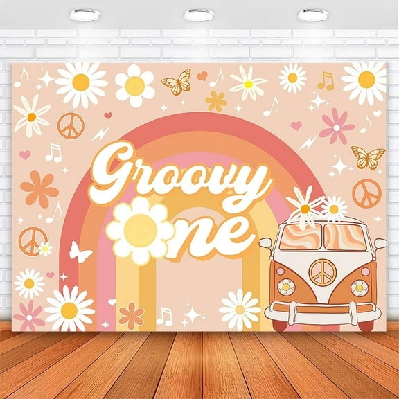 Groovy One Happy Birthday Backdrop Daisy Floral Girls 1st Birthday Party Decorations for Newborn Boho Rainbow Bus First Birthday Photography Background Cake Table Banner