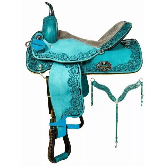 KGN International Leather Blue Barrel Racing Horse Saddle, 14"