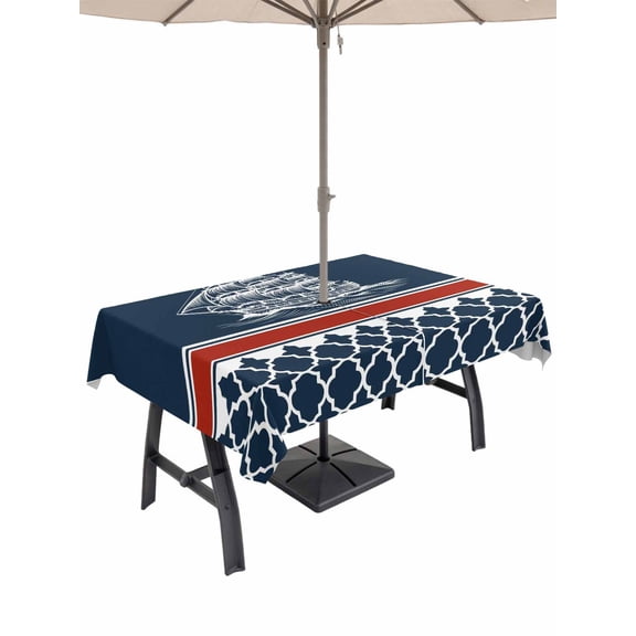 Outdoor Tablecloth with Umbrella Hole and Zipper, Navy Blue Coastal Rectangle Table Cloth 54x80 Inch Waterproof Tablecloth, Nautical Ocean Sea Abstract Art Picnic Table Cover for Patio Camping