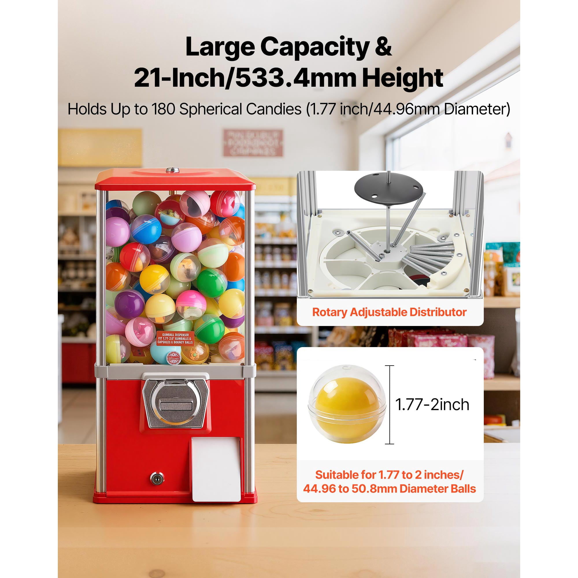 KFFKFF Candy Vending Machine, 21-inch Tall Dispenser for Spherical Treats, 25-Cent Operation, Ideal for Malls, Supermarkets, Parks, and Arcades, Holds Up to 180 Pieces of 1.77-inch Candy