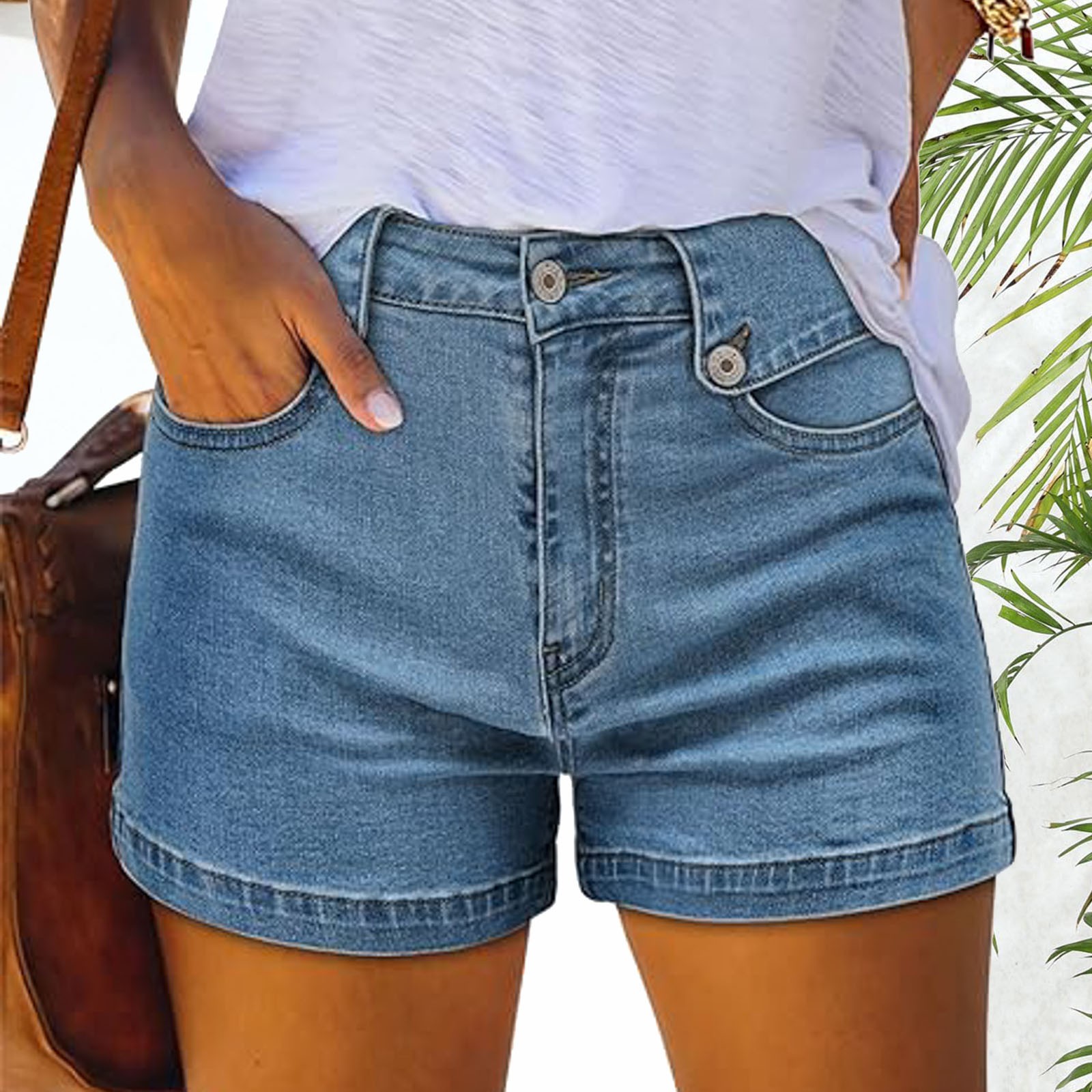 Women's Versatile Jean Shorts Solid Color Mid-Rise Casual Denim Shorts ...