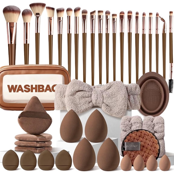 Square 42Pcs Makeup Brush Set - Premium Synthetic Foundation Concealer Eye Shadow Blush Brushes Kit with Makeup Sponge & Powder Puffs for Beginner & Professional (Coffee Brown)