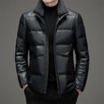 thumbnail image 4 of Chaqueta de invierno de cuero con cuello de piel de cordero desmontable, corta, de pato blanco, gruesa, para hombre, 4 of 5