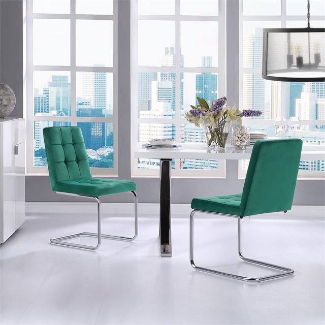 Chaise de Salle à Manger en Velours Vert Jonathan - Lot de 2 - Touffeté - Cadre Chromé