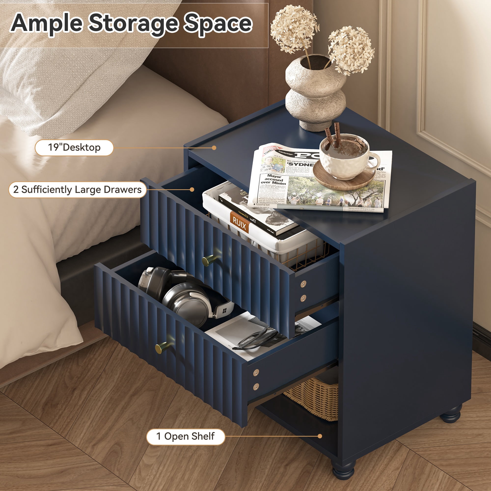 ZOSQUARE Modern Nightstand, Blue Fluted Bedside Table with 2 Drawers and Open Shelf, End Tables with Gold Knobs for Bedroom, Living Room