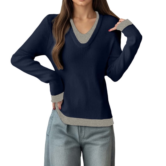 UJNDER Two Tone Collar Pullover Sweater Long Sleeve Knitted Top Lined Layering Shirt Blue One Size